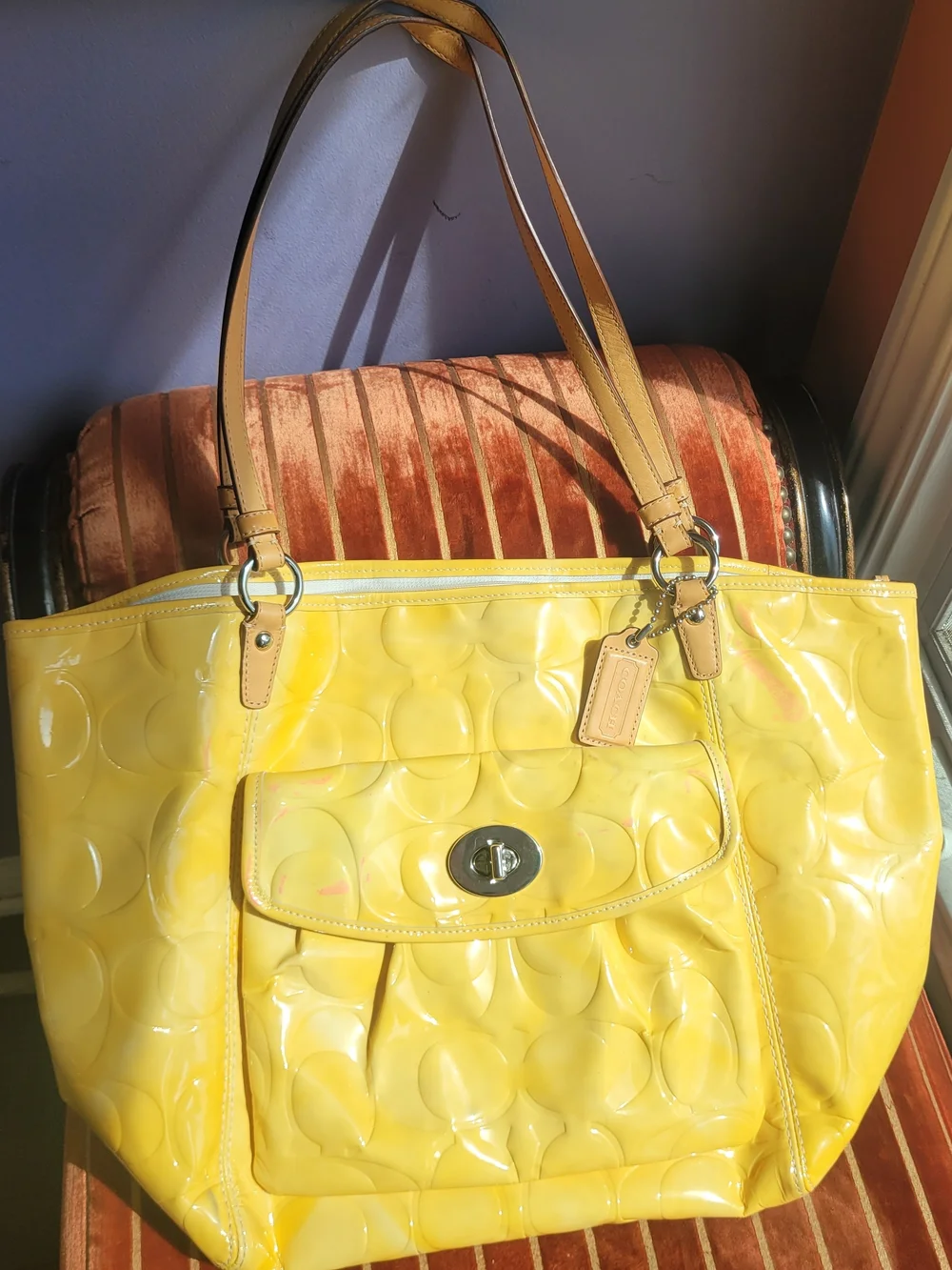 Coach Yellow Patent Leather Shoulder Bag with Tan Straps